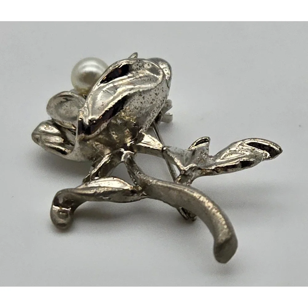 Rose Brooch Vintage Silver Tone Faux Pearl Floral Pin Estate Jewelry